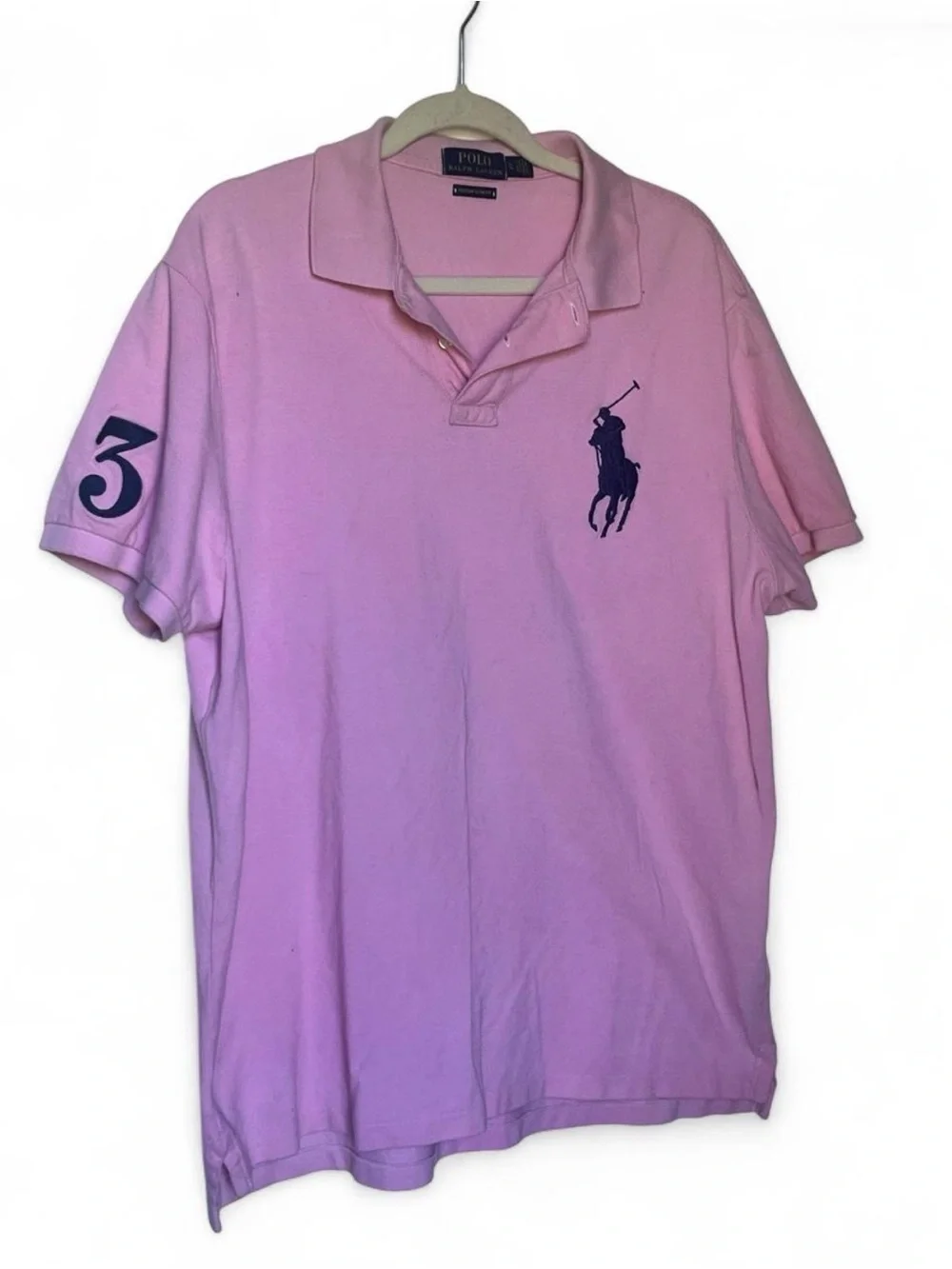 Ralph Lauren Pink Polo Shirt with Navy Logo and Sleeve Number 3 Size XL